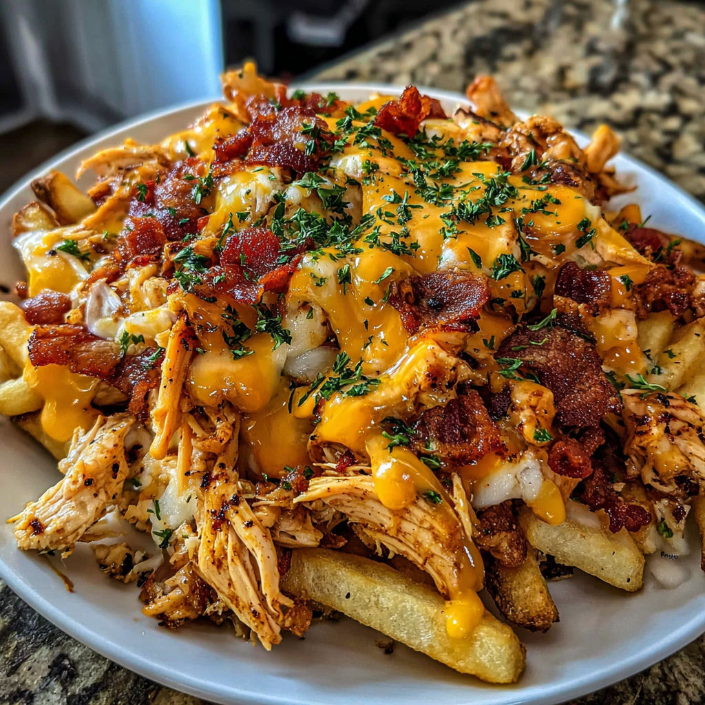 A plate of food with chicken, bacon, and cheese.