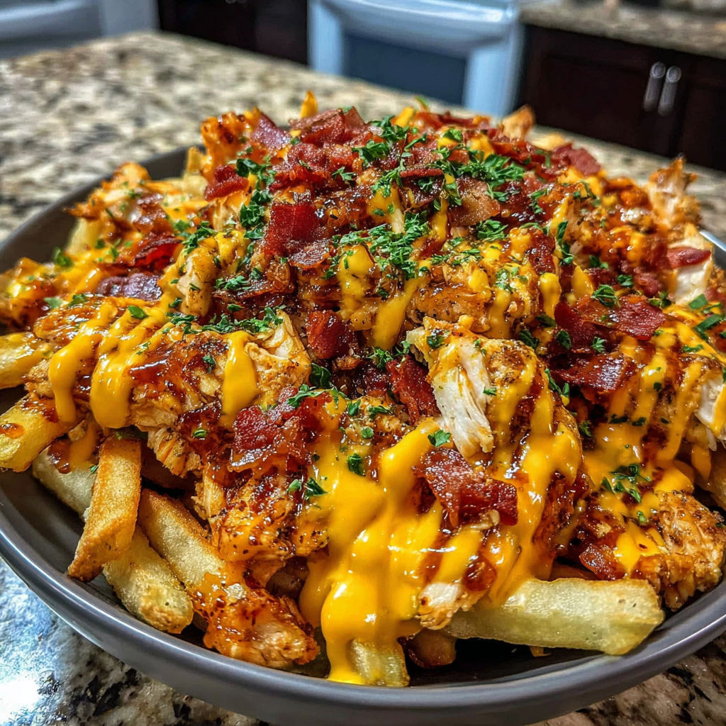 A plate of Monster Cheesy BBQ Chicken Turkey Bacon Fries.