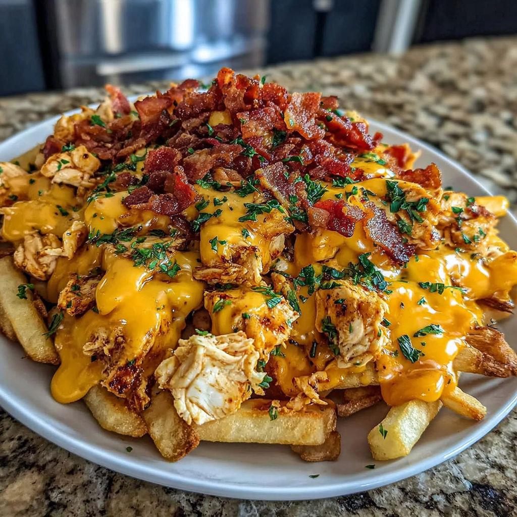 A plate of food with chicken, bacon, cheese, and fries.
