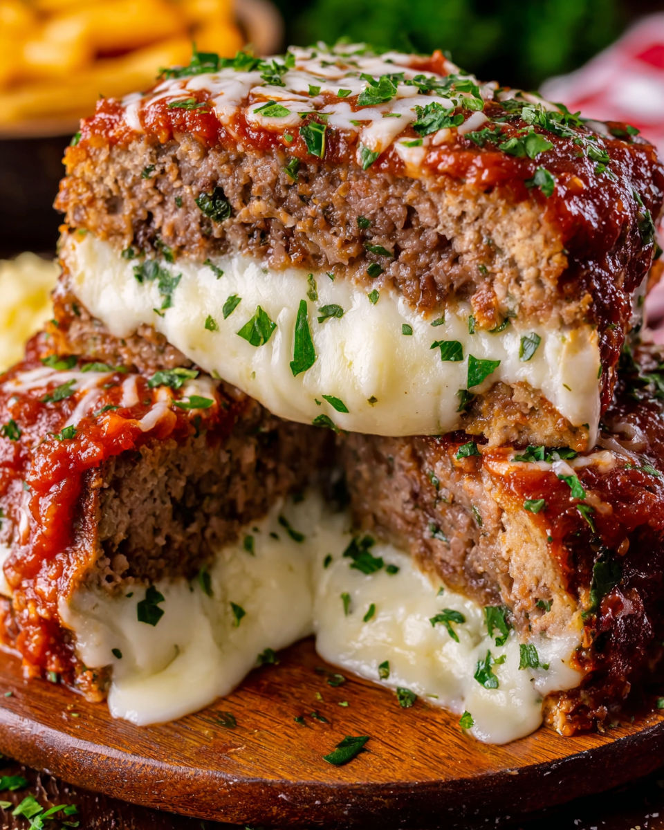 A stack of meatloaf with cheese on top.