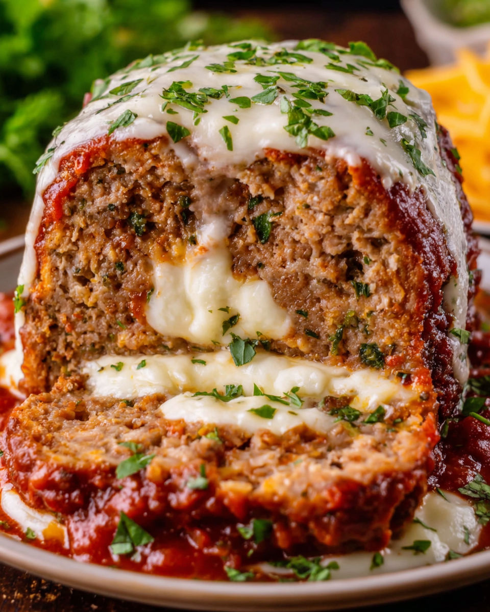 A meatball covered in cheese and sauce.