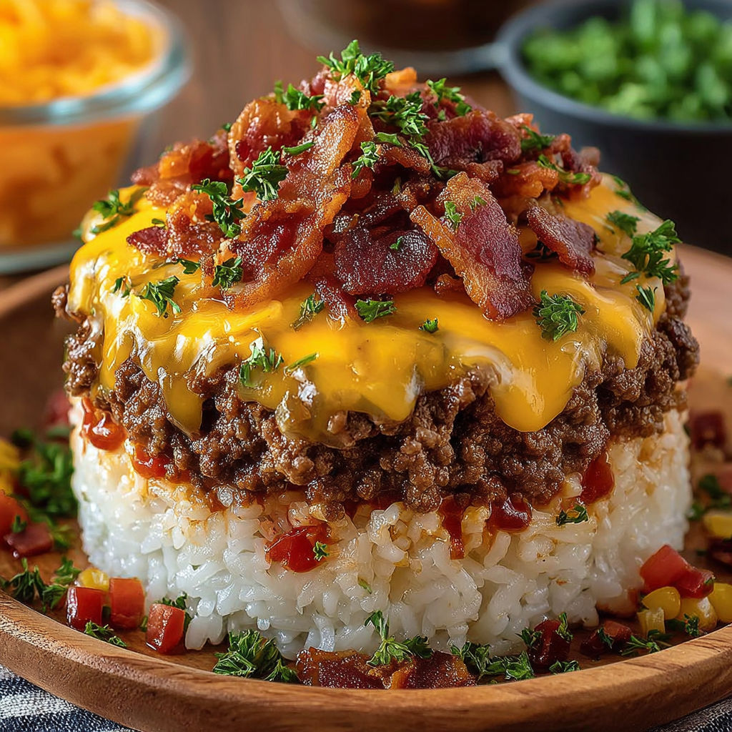 A plate of rice with bacon cheeseburger on top.