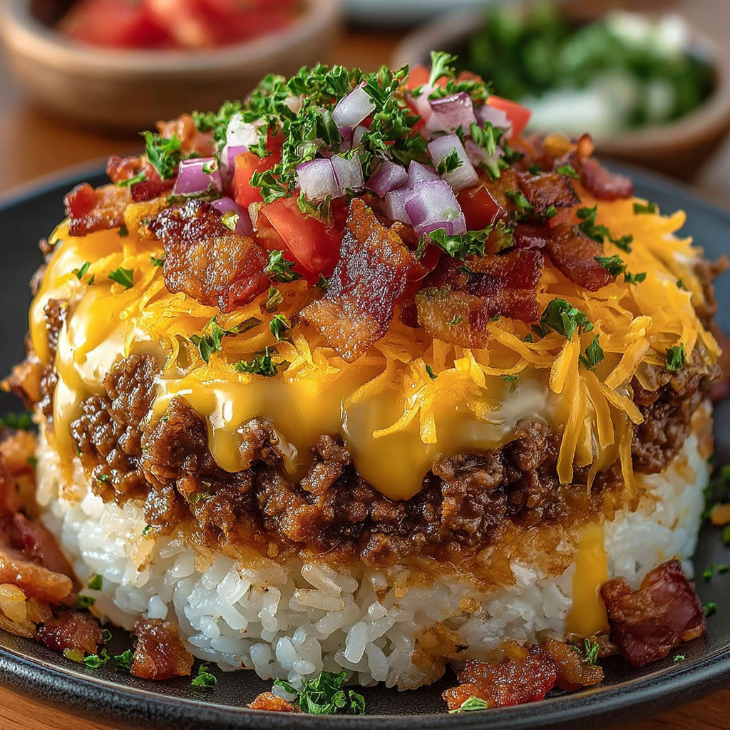 A plate of food with cheese and bacon on top.