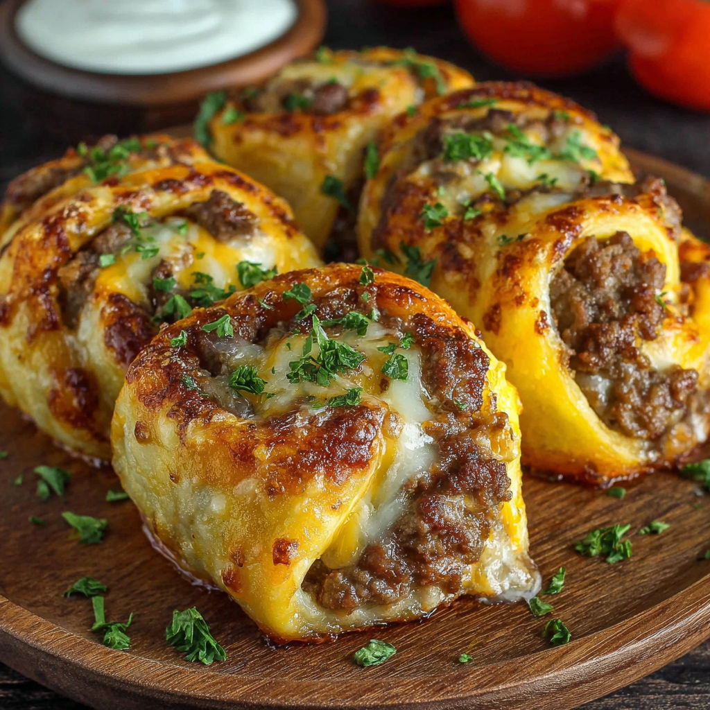 Garlic butter cheeseburger rollups on a wooden platter.