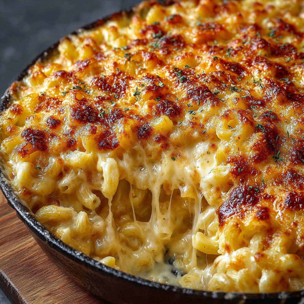 A close up of a baked macaroni and cheese dish.