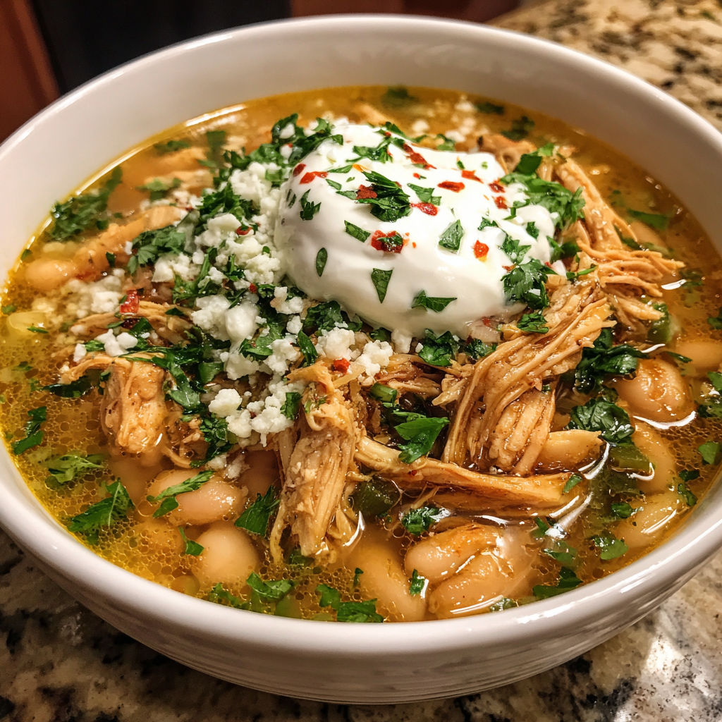 A bowl of soup with chicken and beans.