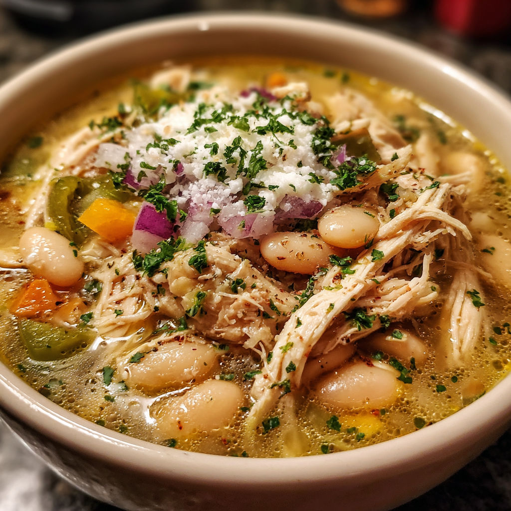 A bowl of soup with chicken, beans, and onions.