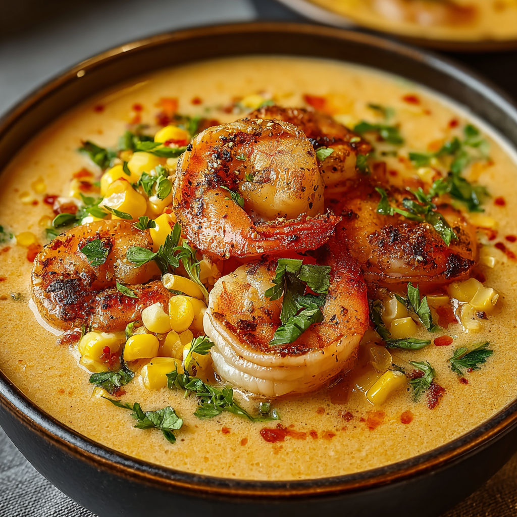 A bowl of soup with shrimp and corn.