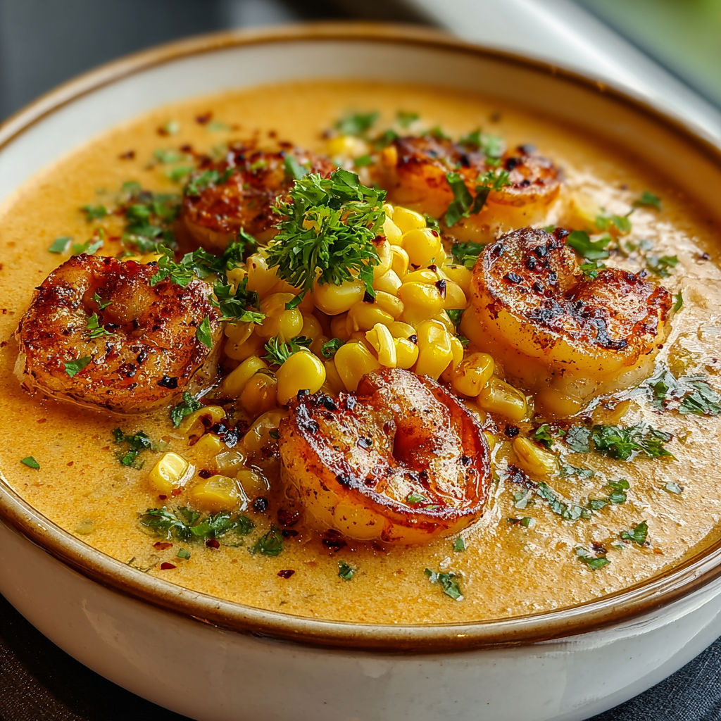 A bowl of soup with shrimp and corn.