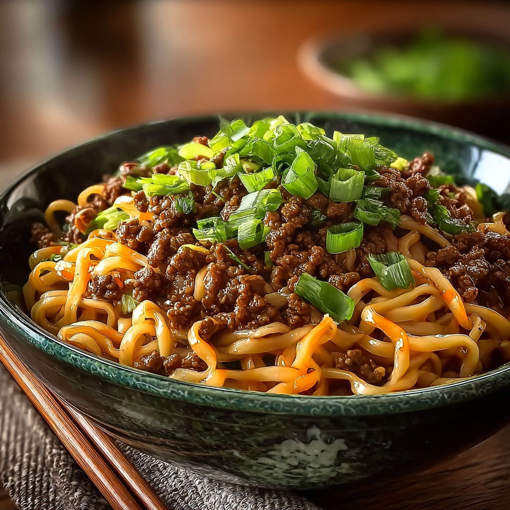 A bowl of Mongolian ground beef noodles.