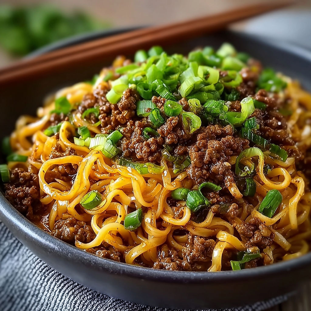 A bowl of Mongolian ground beef noodles.