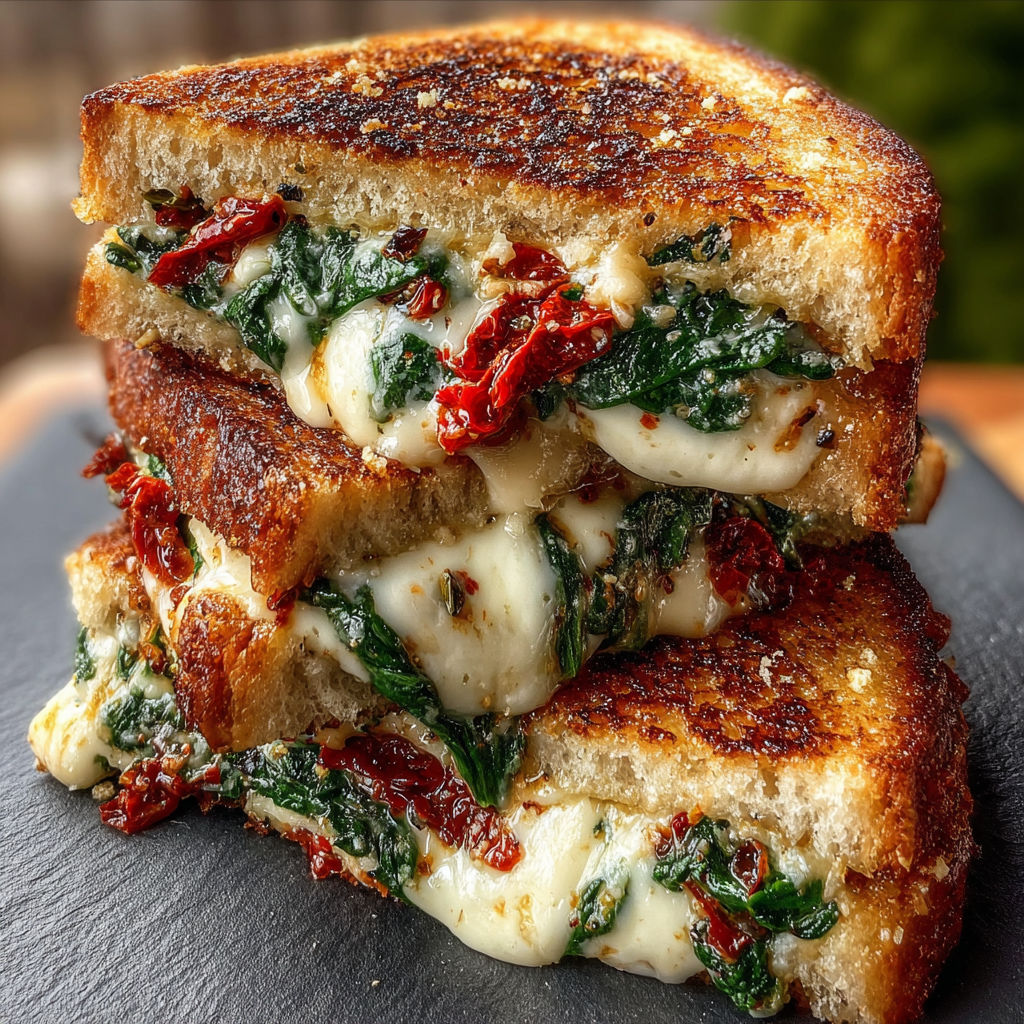 A grilled cheese sandwich with spinach and tomatoes.