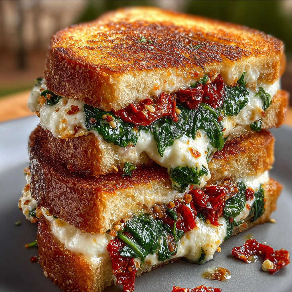 A stack of grilled cheese sandwiches with spinach and tomato.