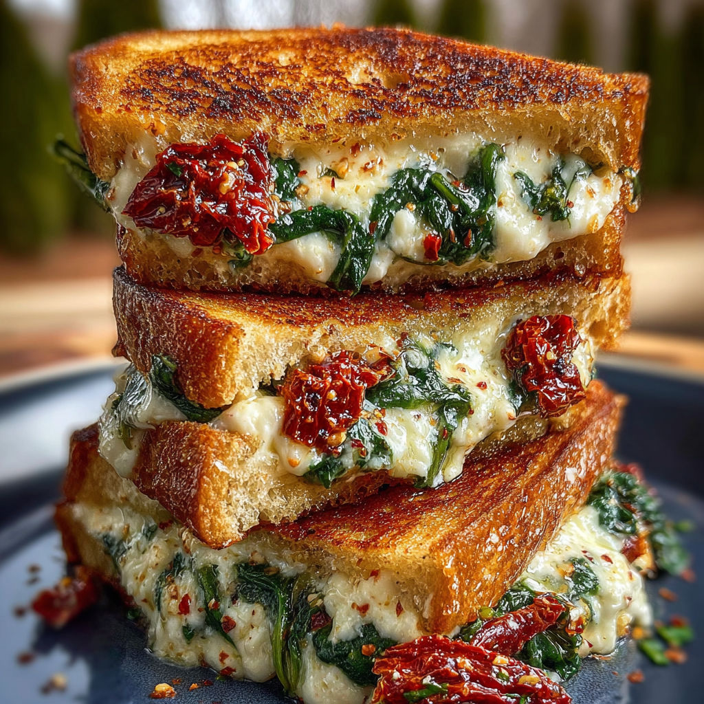A stack of grilled cheese sandwiches with greens and tomatoes.