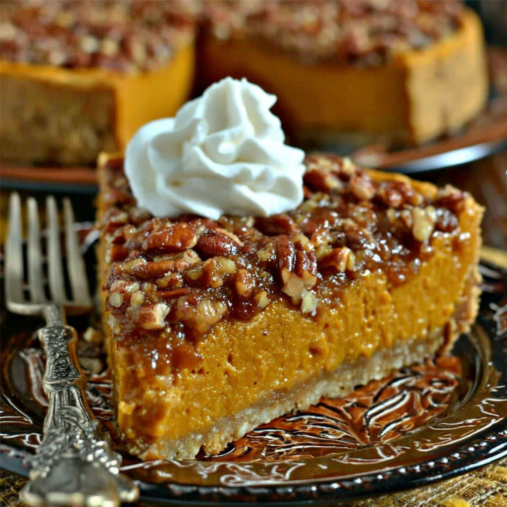 A slice of sweet potato pie with a dollop of whipped cream on top.