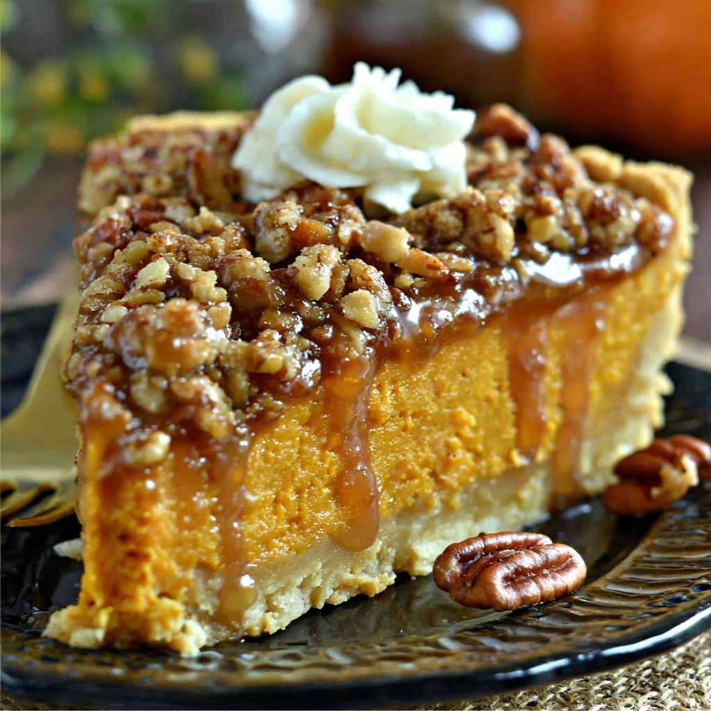 A slice of pumpkin pie with caramel sauce drizzled on top.