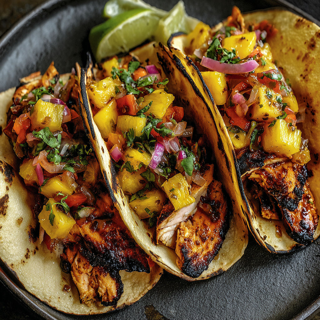 Two teriyaki chicken tacos with pineapple salsa.