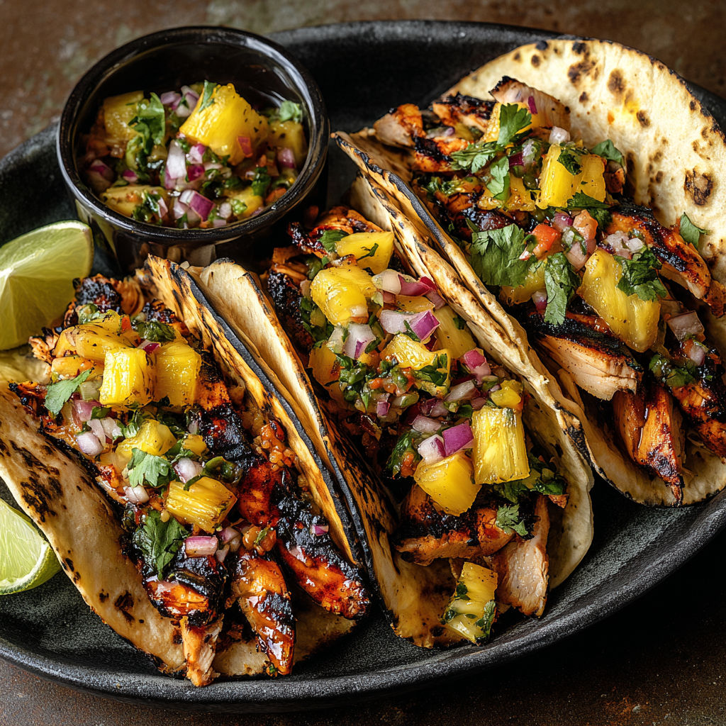 A plate of chicken tacos with pineapple salsa.