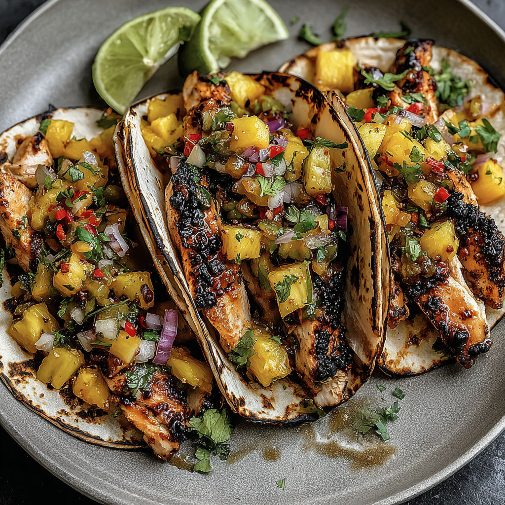 Two tacos with chicken and pineapple salsa.