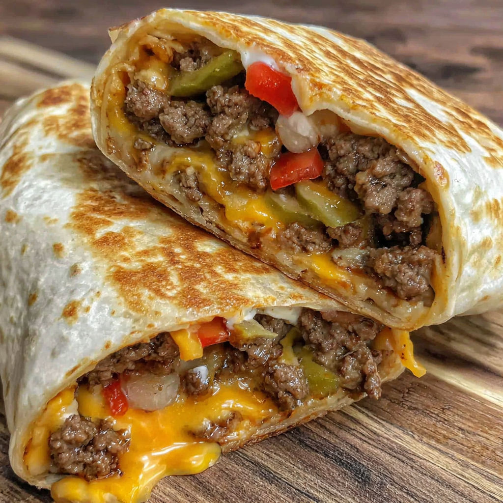 Two cheeseburger wraps on a wooden table.