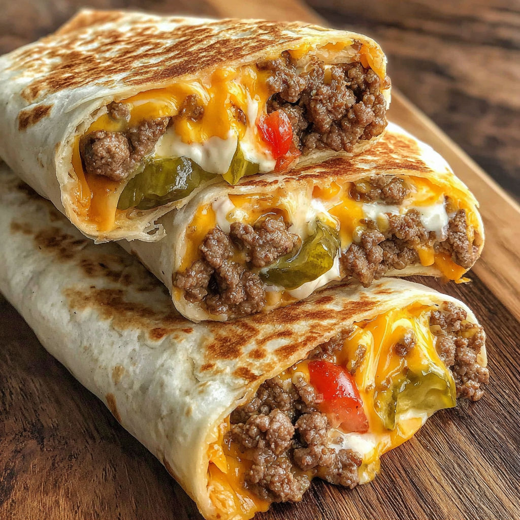 Two cheeseburger wraps on a wooden table.