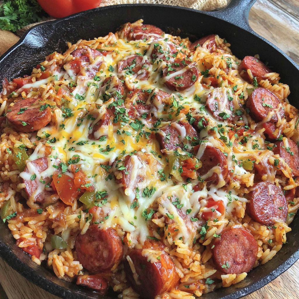 A delicious meal of sausage and rice.