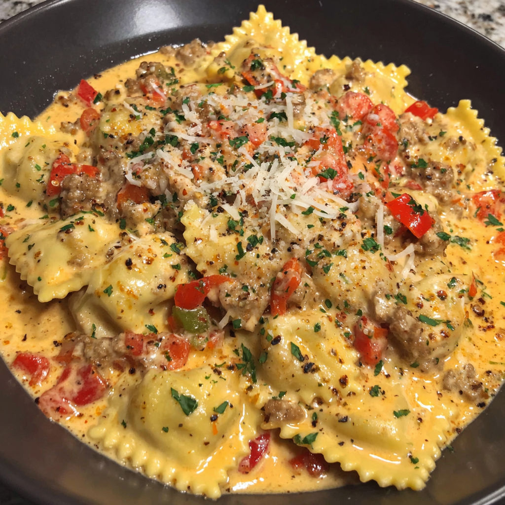 A bowl of Cajun Sausage Ravioli.