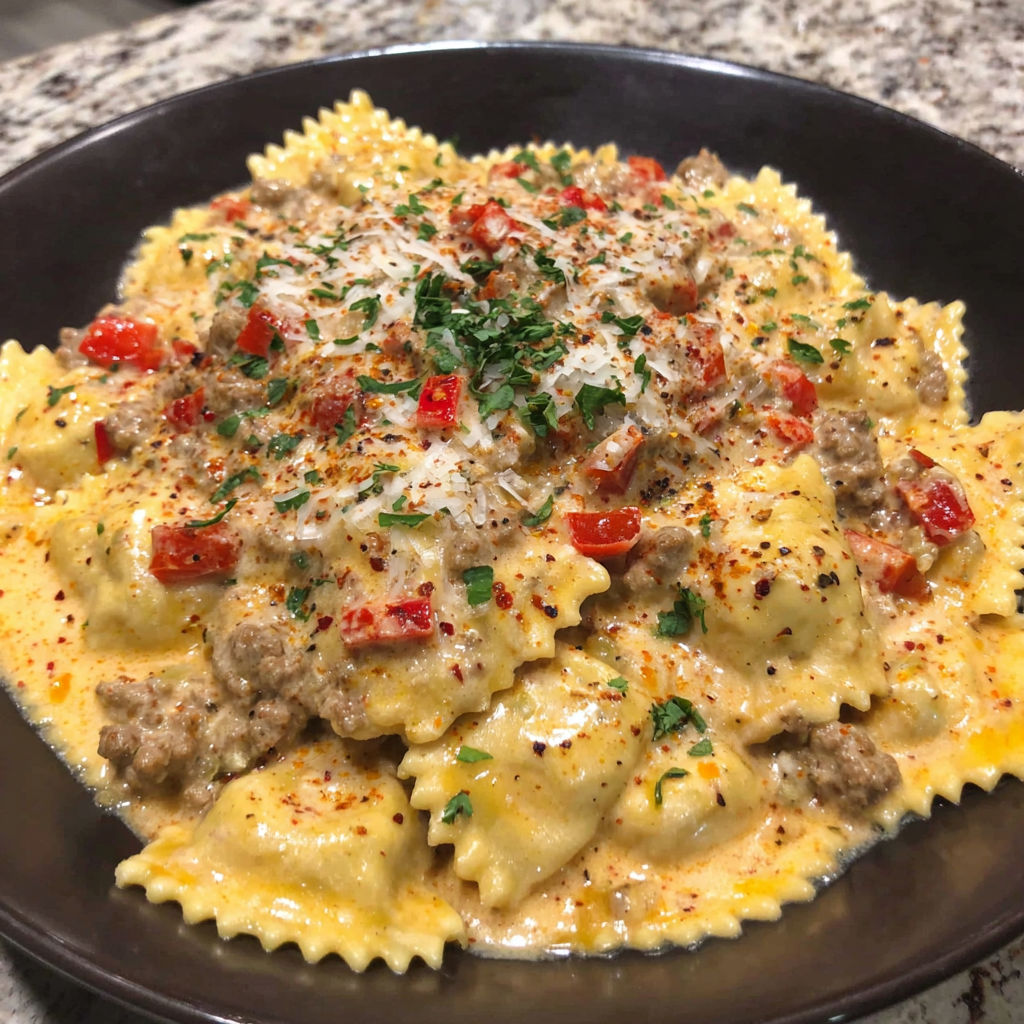 A plate of pasta with tomatoes, cheese, and meat.