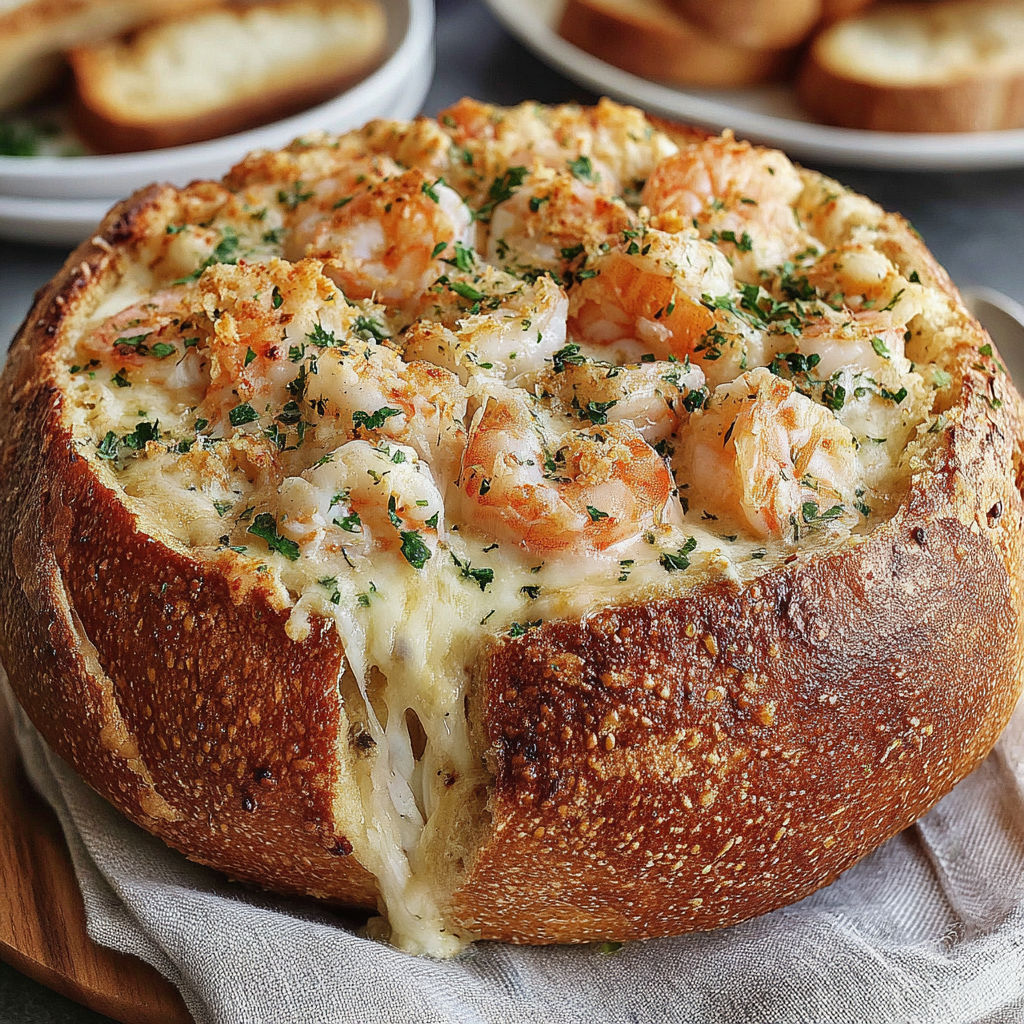 A stuffed seafood bread bowl with shrimp and cheese.