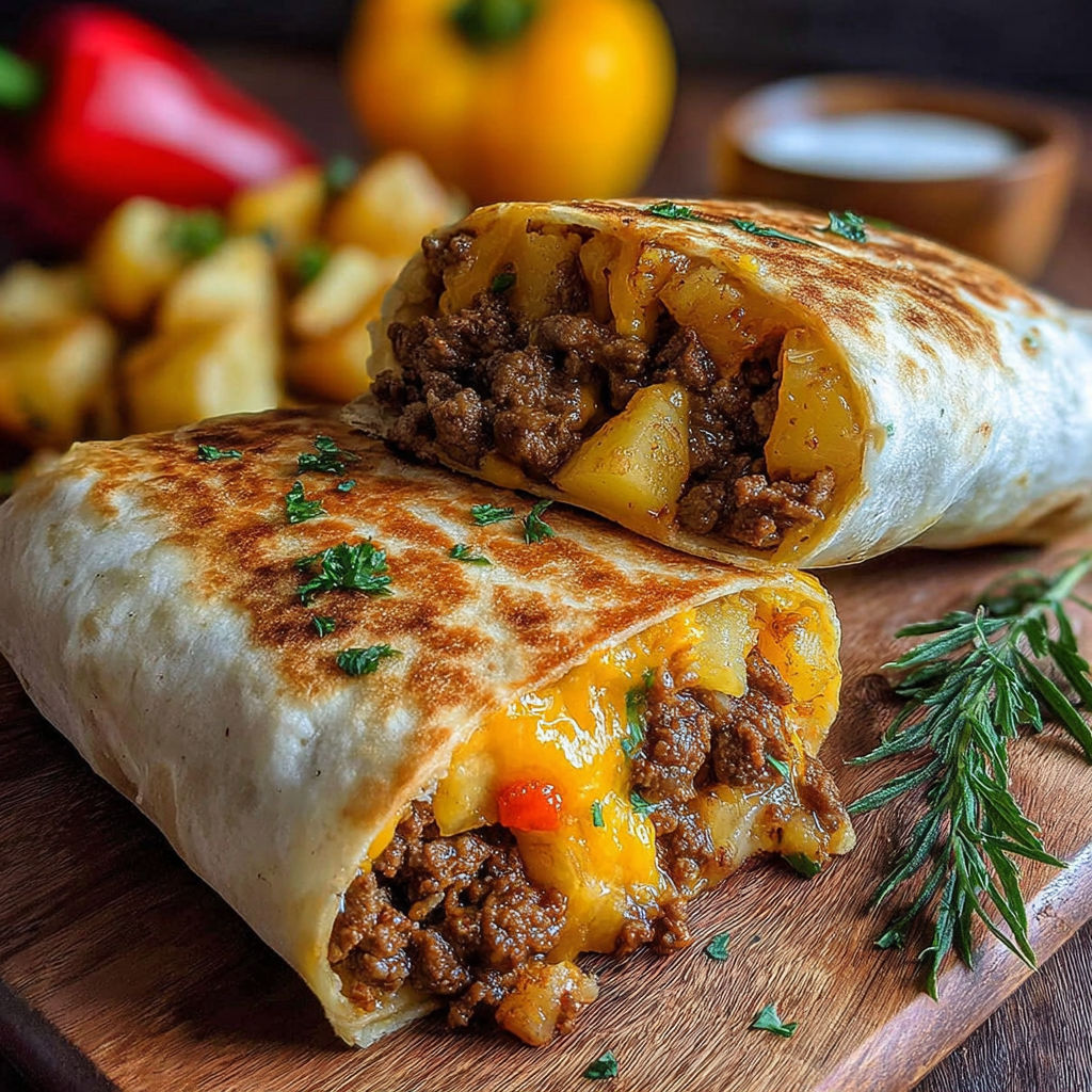 A burrito with meat and cheese on a wooden table.
