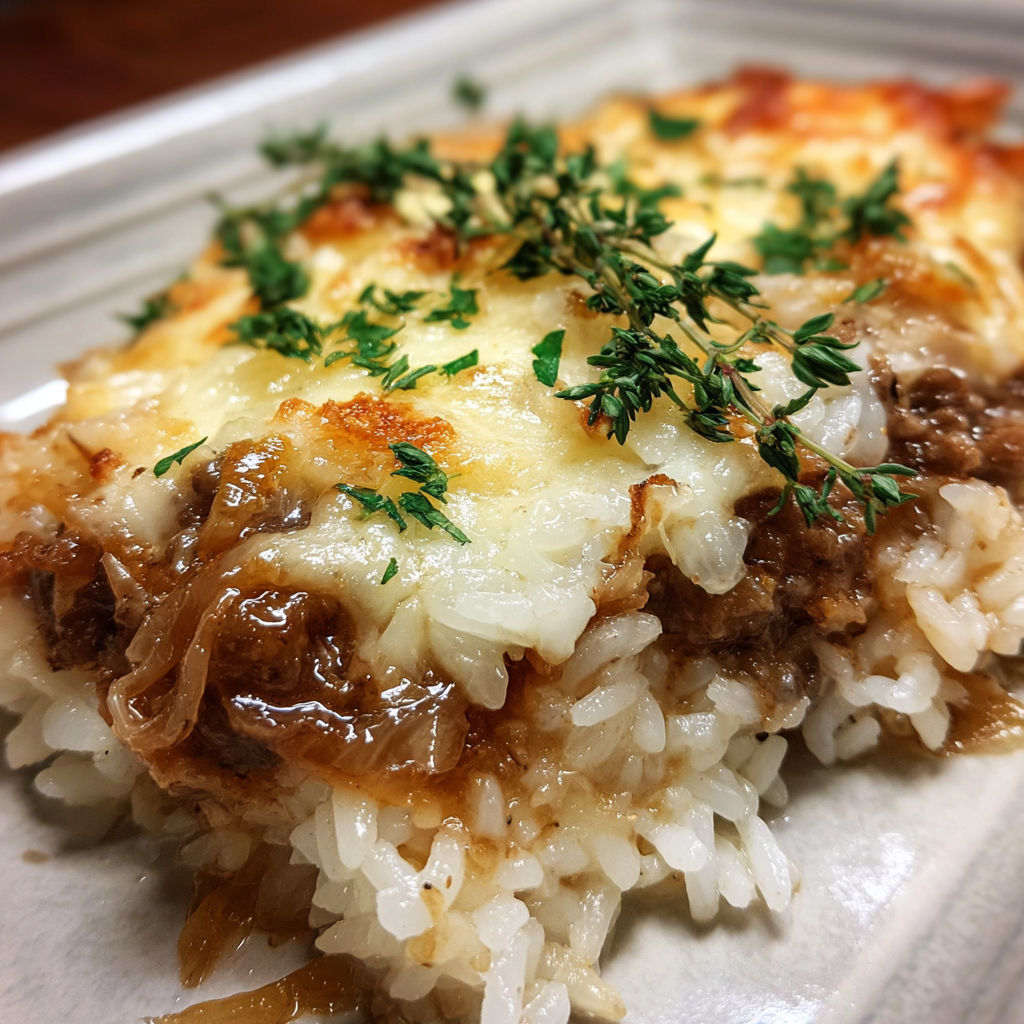 A close up of a French Onion Ground Beef and Rice Casserole.