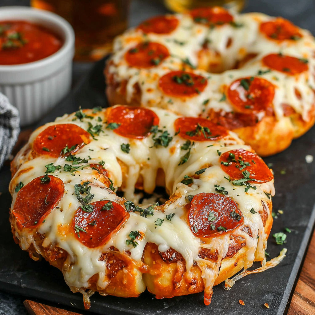 Two homemade air fryer pizza bagels with pepperoni and cheese.