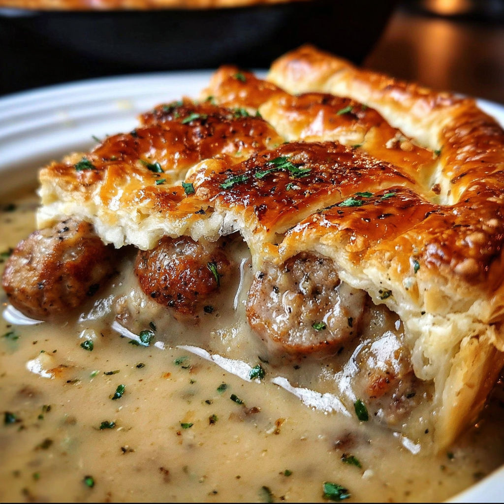 A pastry with sausage in a creamy sauce.