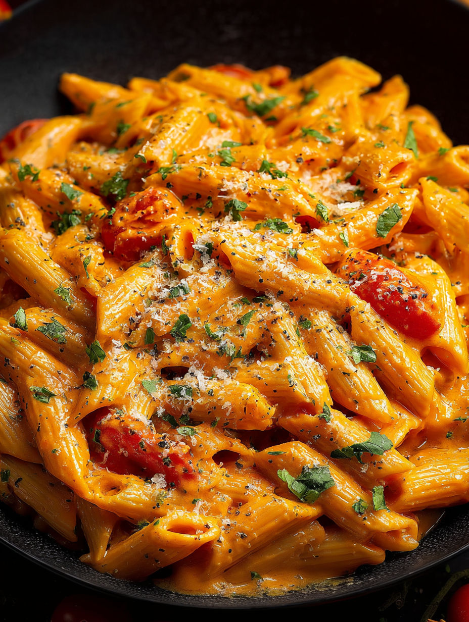 A plate of pasta with tomatoes and cheese.