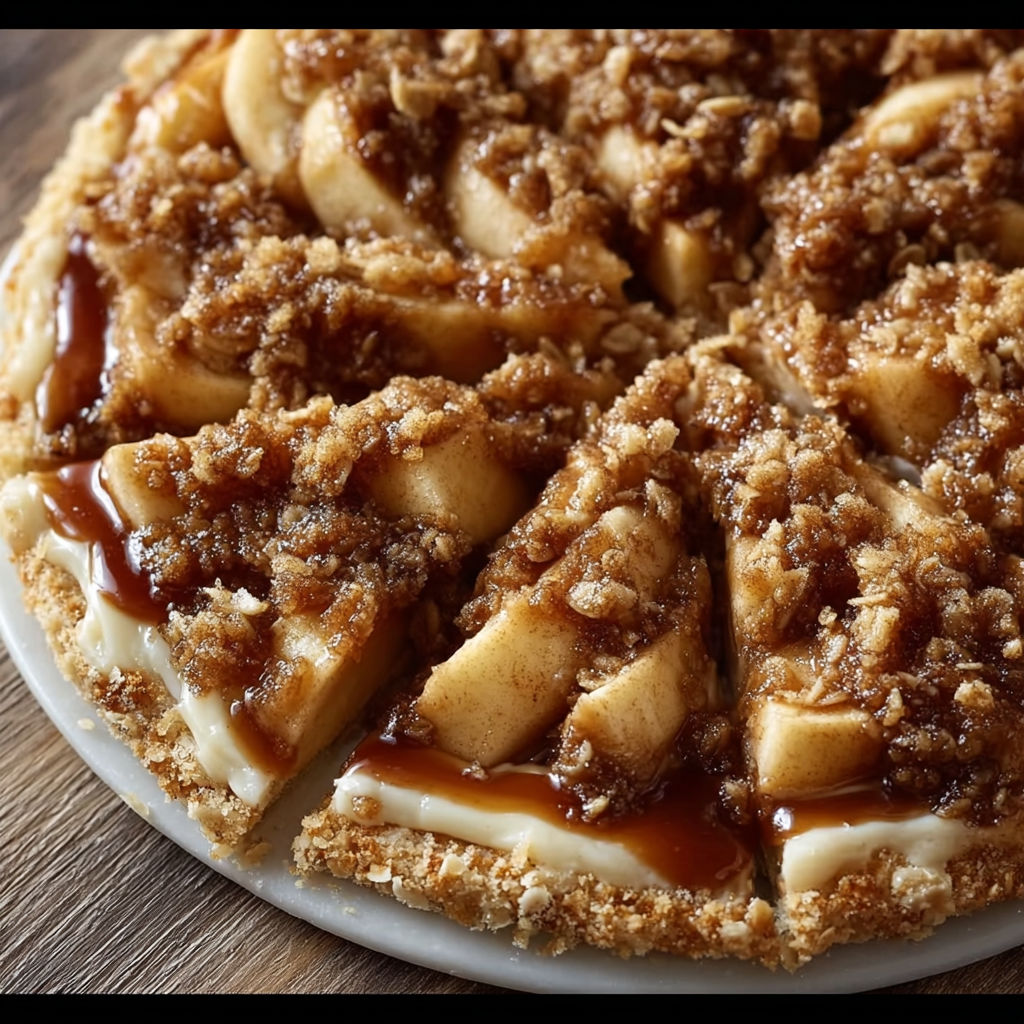 A slice of apple pie with caramel sauce.