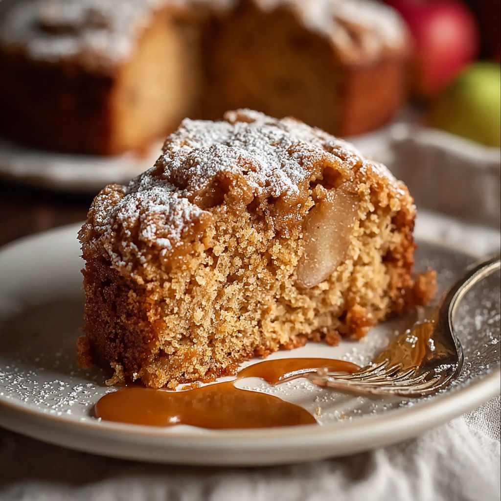 A slice of cake with powdered sugar on it.