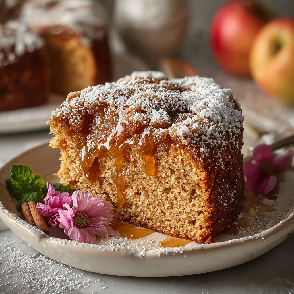 A slice of cake with powdered sugar on top.