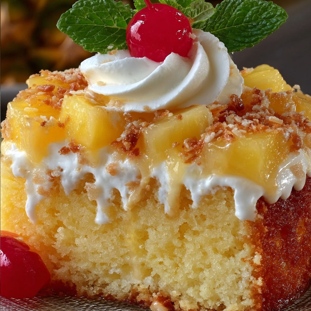 A slice of Southern Pineapple Cake with whipped cream.