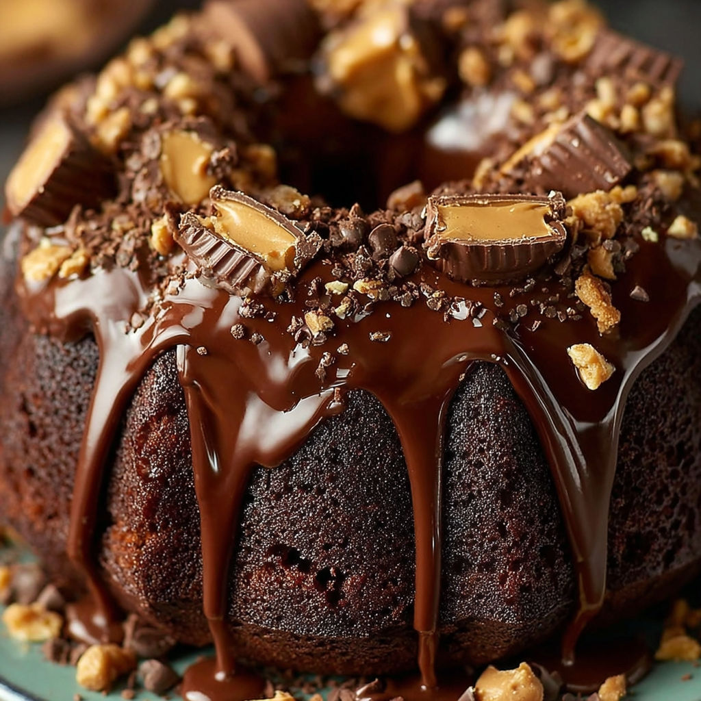 A chocolate cake with peanut butter and chocolate drizzled on top.