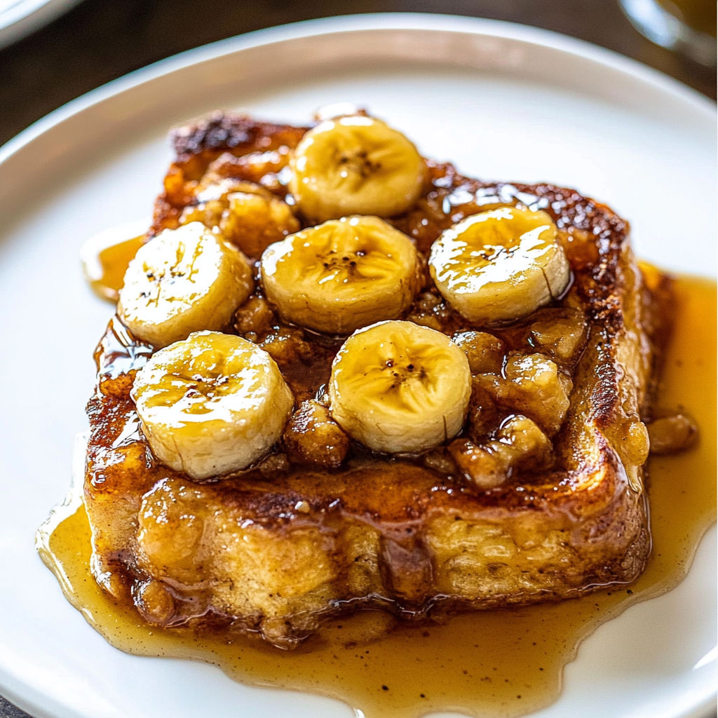 A plate of banana bread with bananas on top.