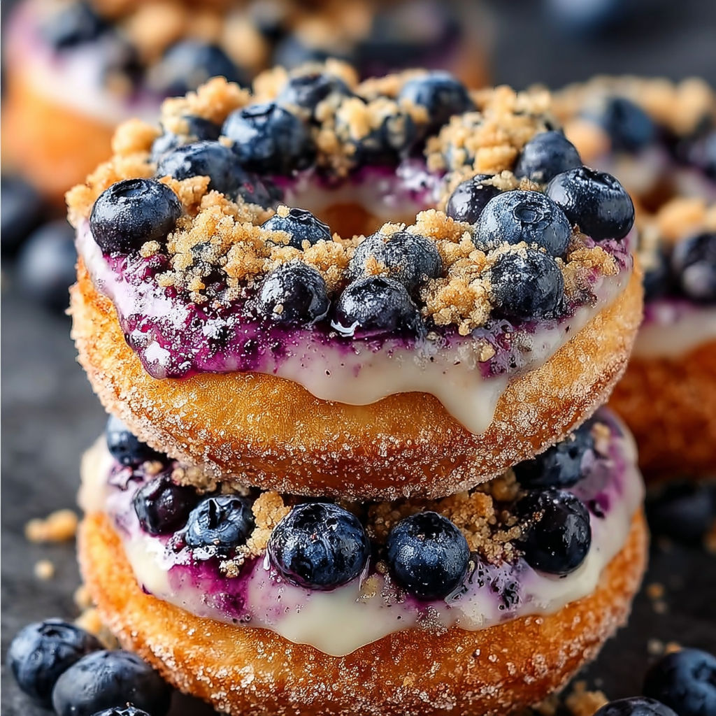 A stack of donuts with blueberries on top.