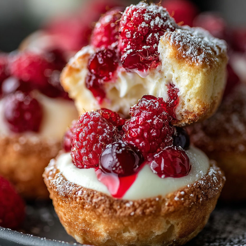 A close up of a pastry with raspberries and whipped cream.