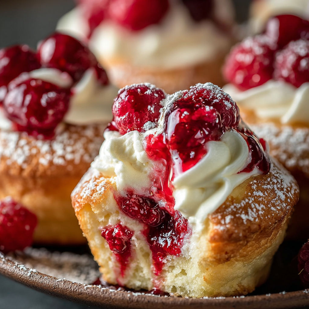 A plate of pastries with white frosting and raspberries.