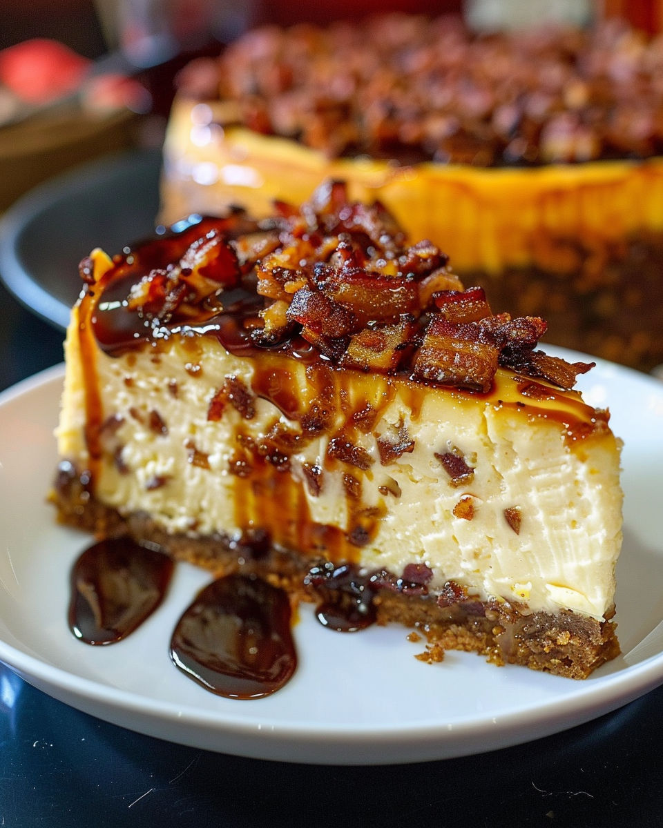 A slice of cheesecake with bacon on top.