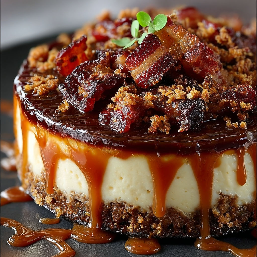 A slice of cake with bacon on top.
