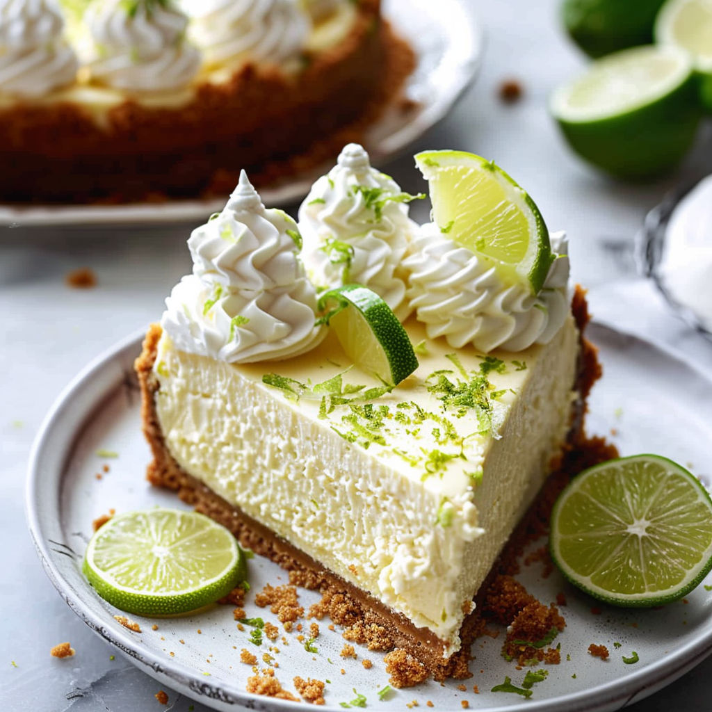 A slice of cheesecake with lime wedges on top.