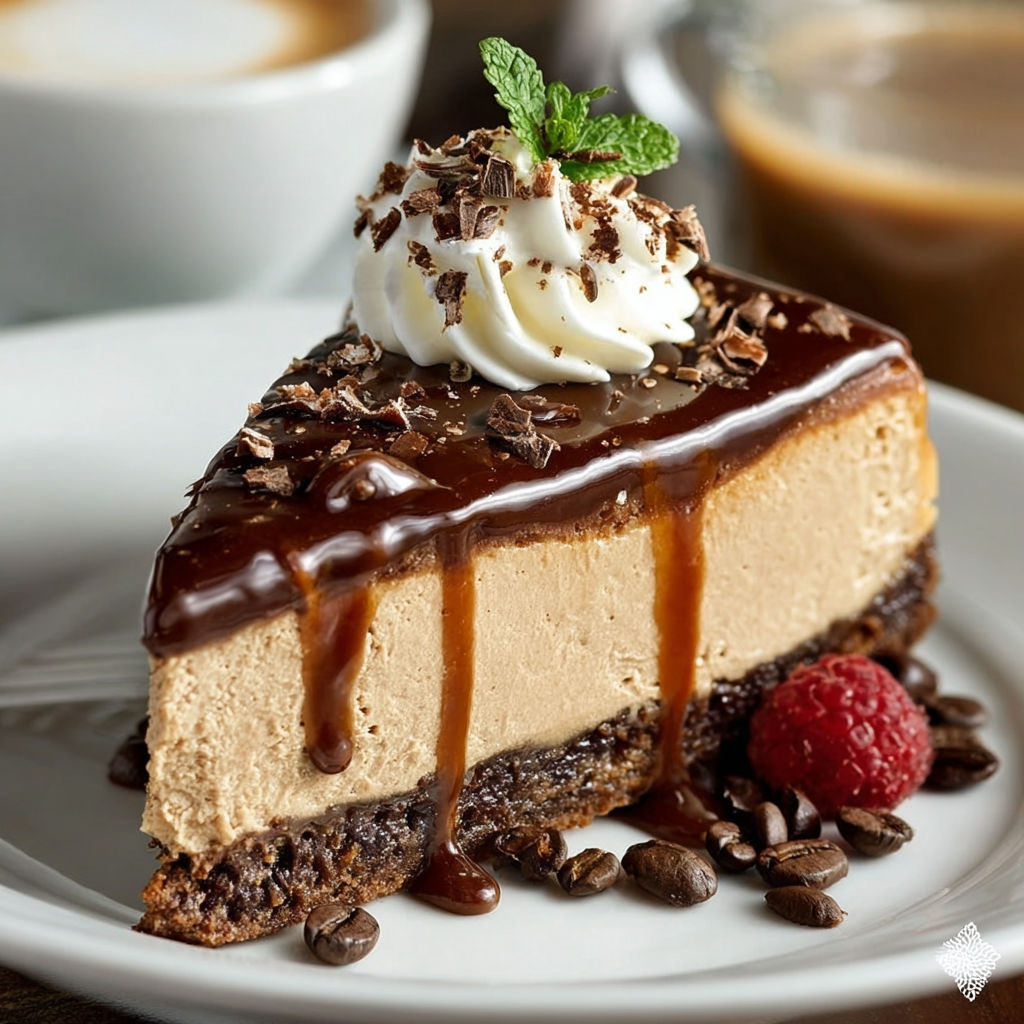 A slice of coffee cheesecake with chocolate sauce and a raspberry on top.