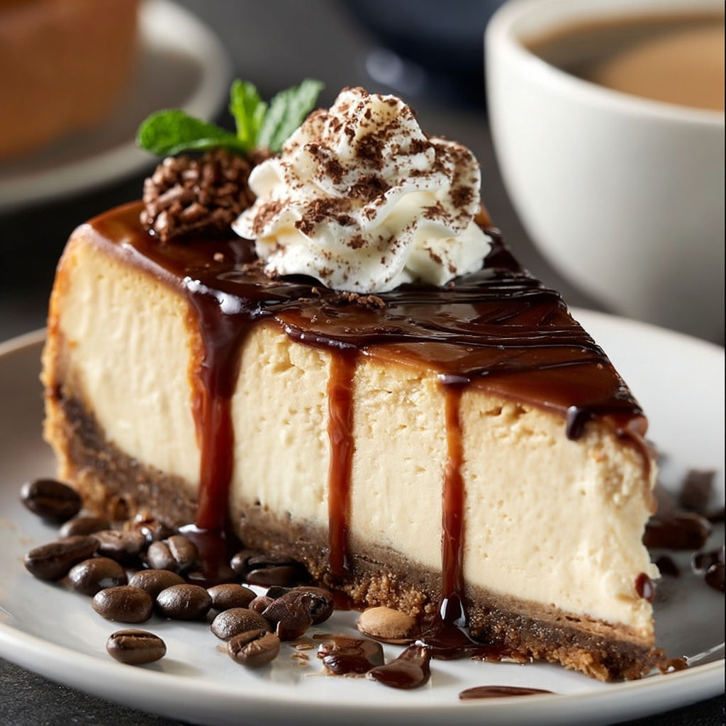 A slice of cheesecake with a dollop of whipped cream and a sprig of mint on top.