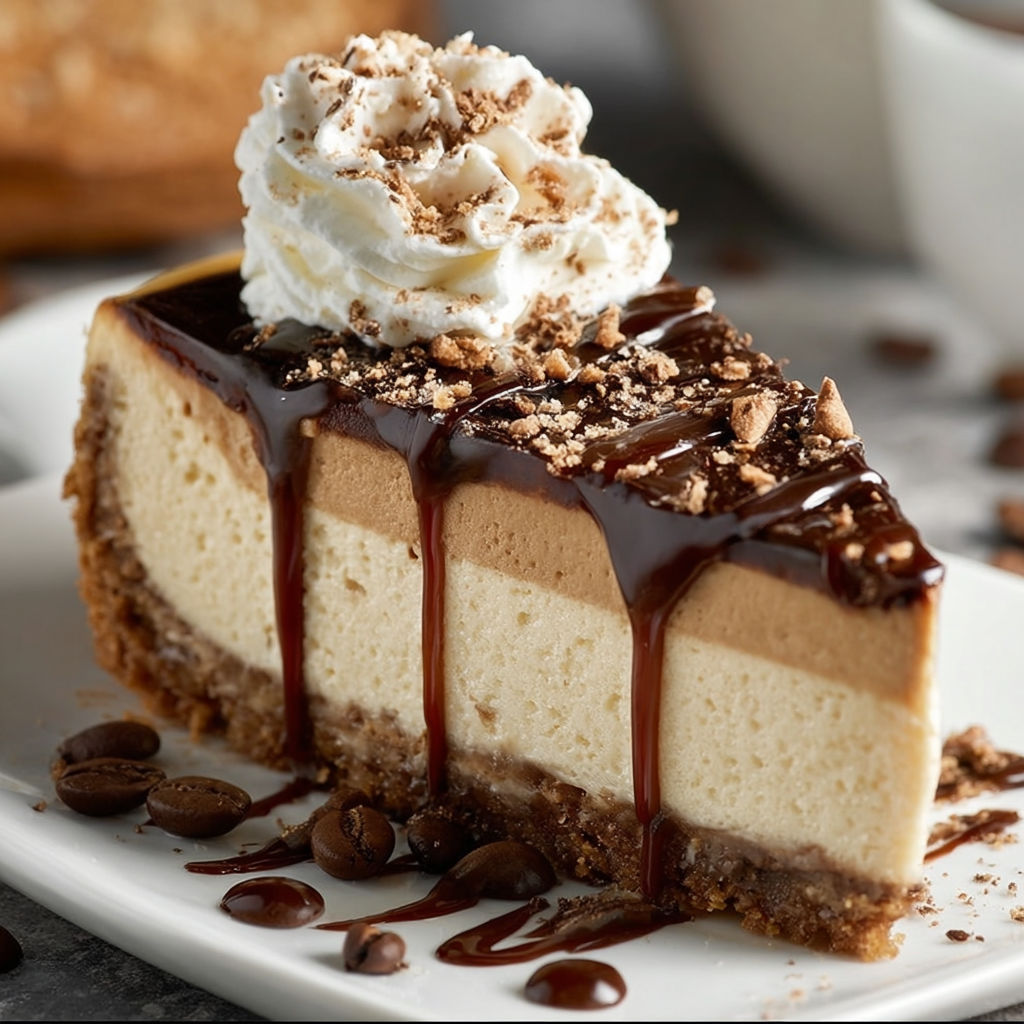 A slice of coffee cheesecake with a dollop of whipped cream on top.