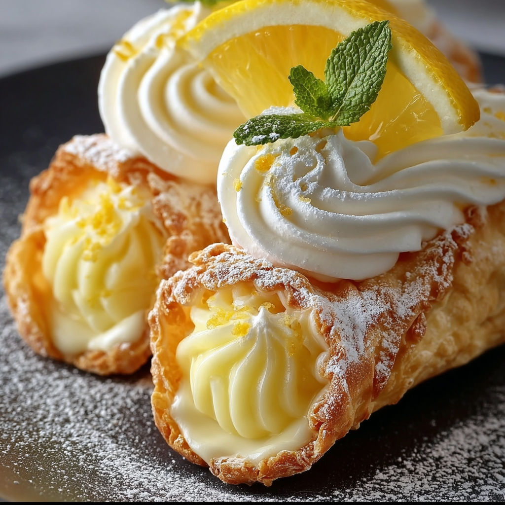 A plate of cannoli with lemon and mint.